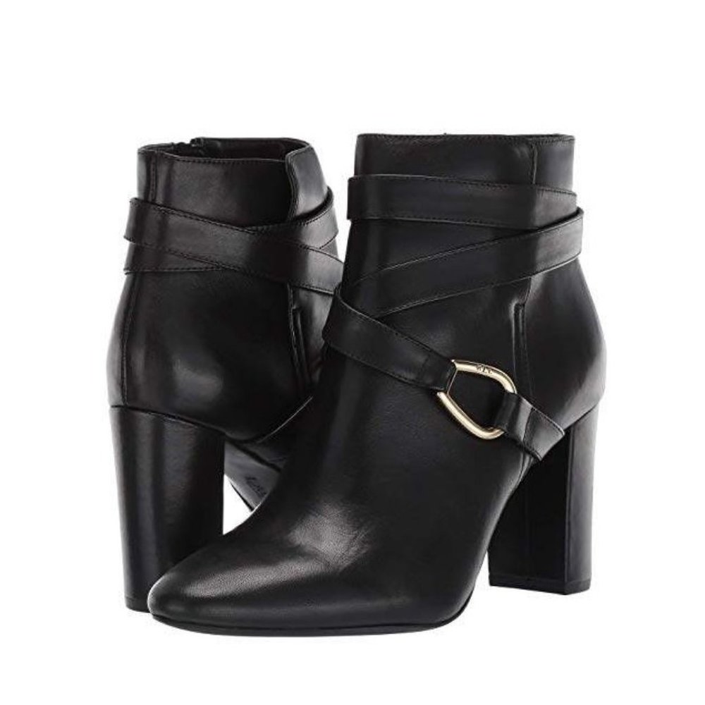 Lauren Ralph Lauren Black Leather Ankle Boots with Gold Buckle